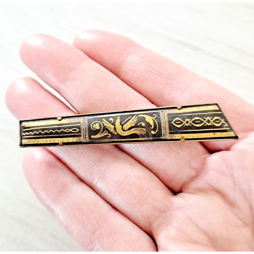 Vintage Tie Bar Damascene Bird Gold-Tone Black Rectangular Geometric Design